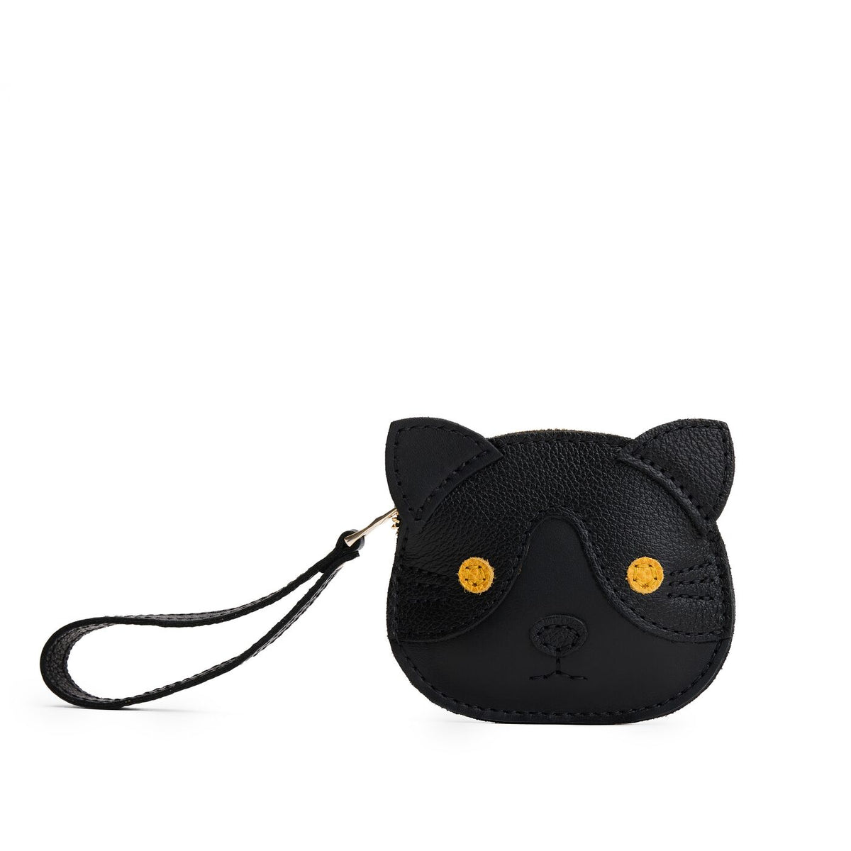 Black | A small cat-shaped leather pouch with embroidered facial details and a wrist strap.