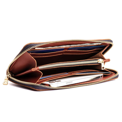 Chestnut | Large accordion leather wallet with zipper open