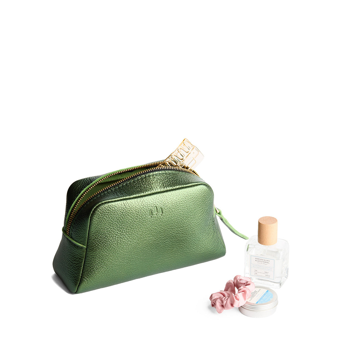 Metallic Greench | Trapezoid pouch with leather zipper pull
