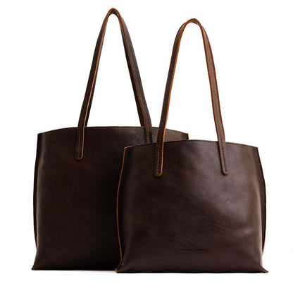 Coldbrew | Side by side comparison of both sizes of leather totes