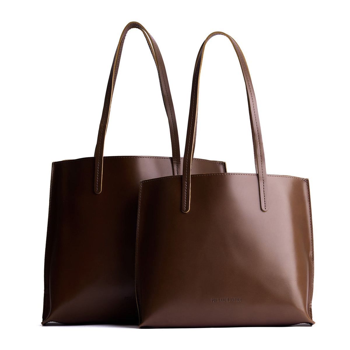 Chocolate Brown | Side by side comparison of both sizes of leather totes