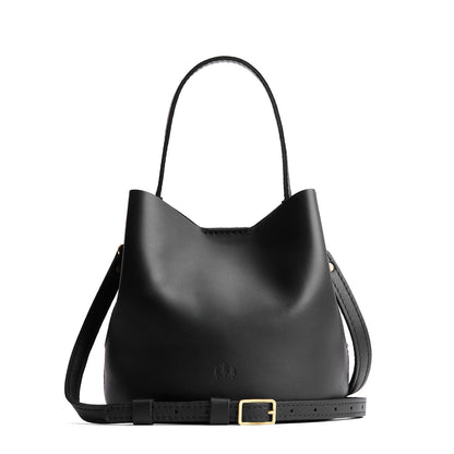 Black*Small | Symmetrical bucket bag with handle, latch closure, and removable crossbody strap