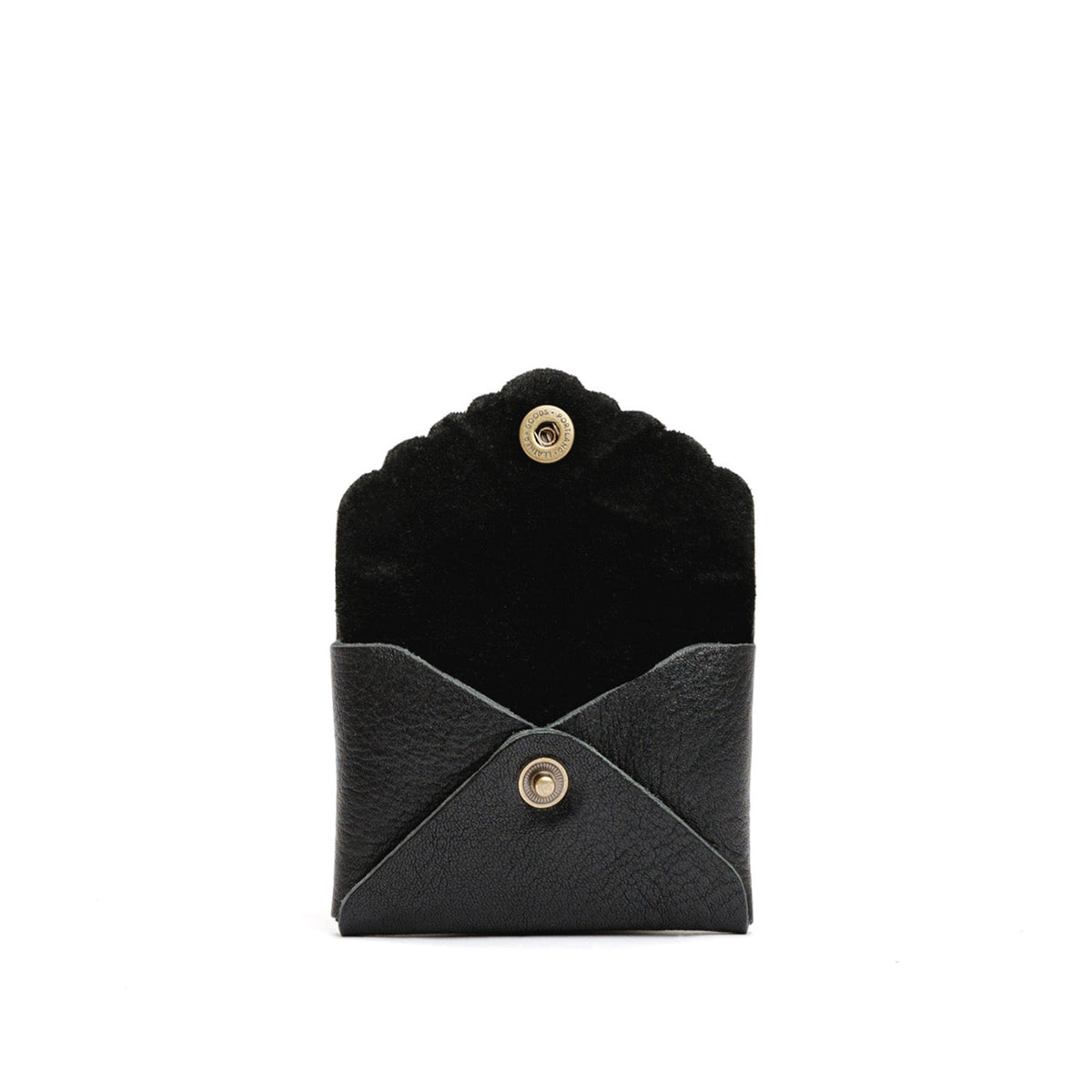 Pebbled--black | Small leather wallet with scalloped edge open