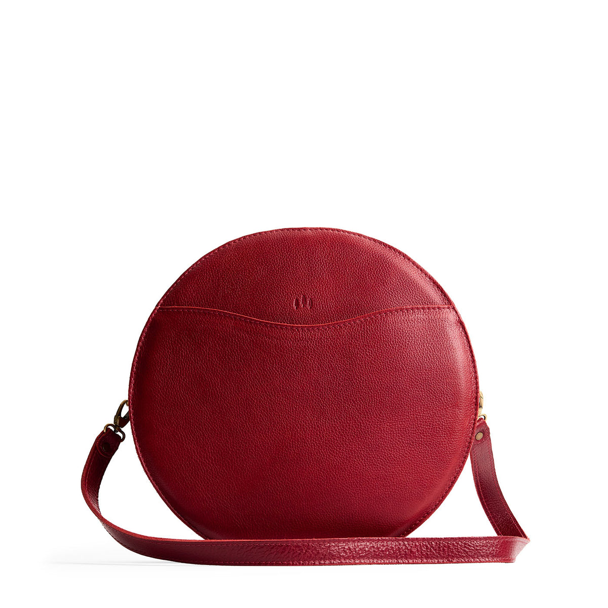 Chili Red | Large circle shaped leather bag with top zipper and carrying strap