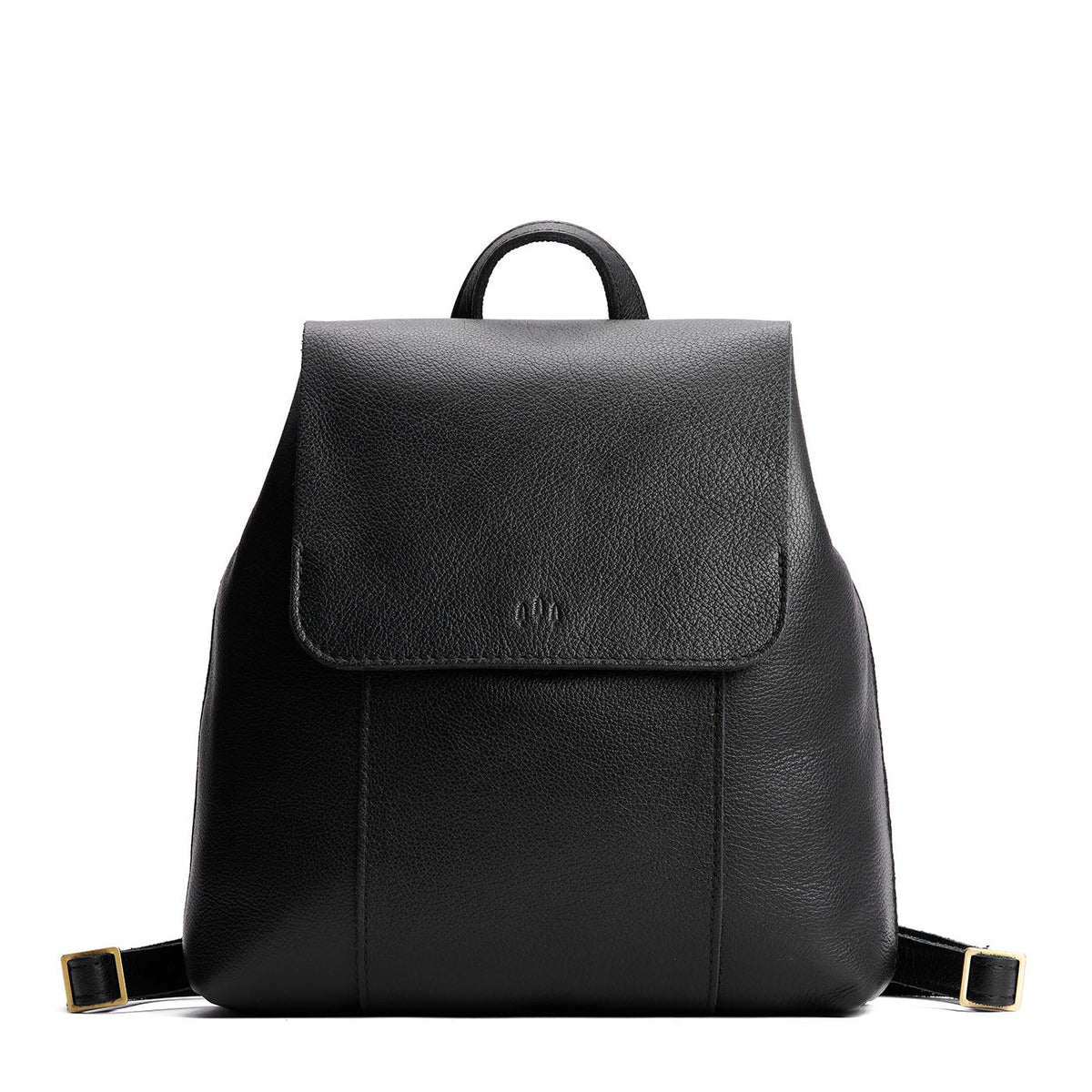 Pebbled--black | Leather backpack with magnetic flap closure on a white