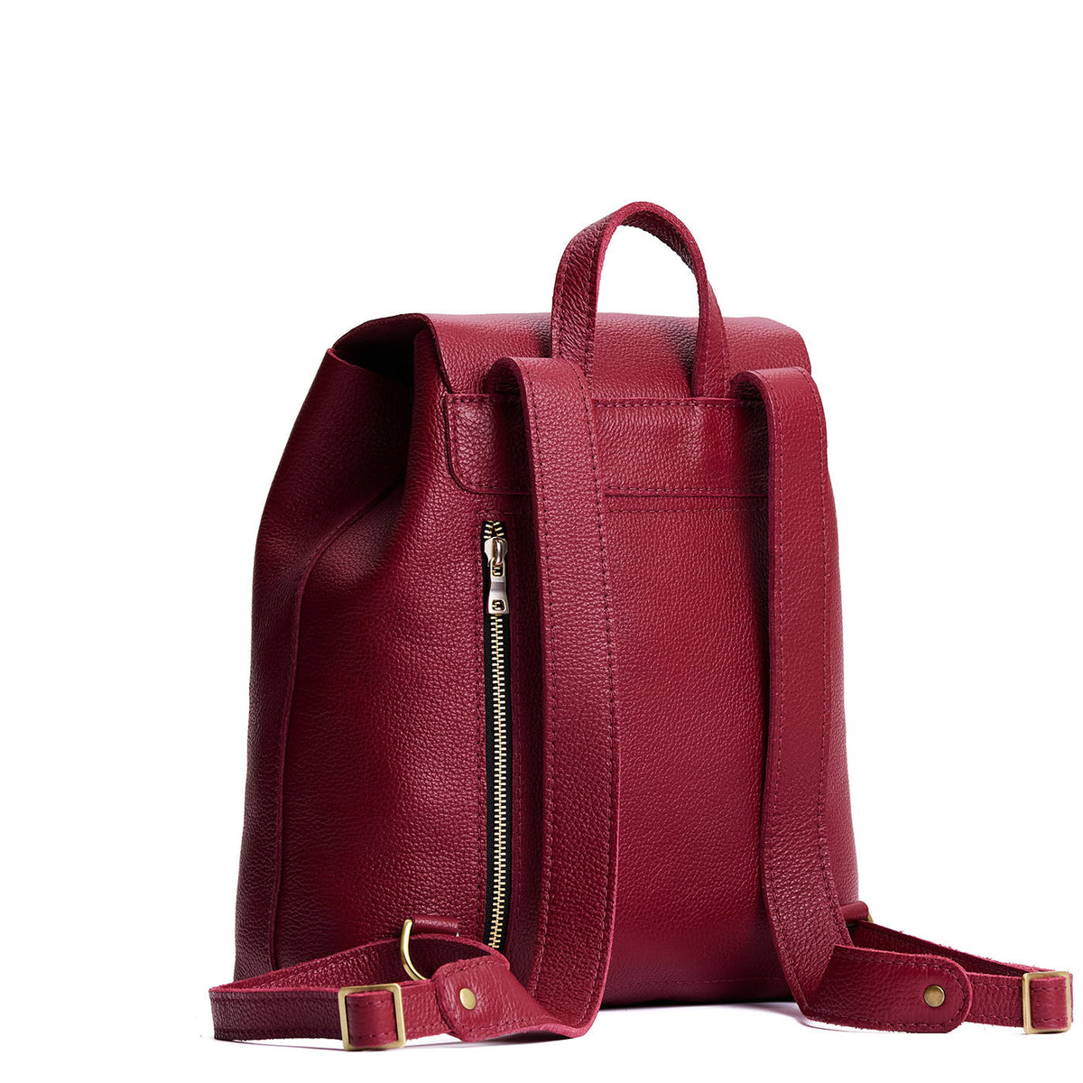 Rhubarb | Back of leather backpack showing rear zippered pocket on a white background