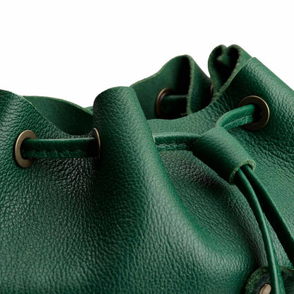 Bacalar | Close-up of slouchy crossbody bag with leather drawstring closure