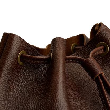Coldbrew | Close-up of slouchy crossbody bag with leather drawstring closure
