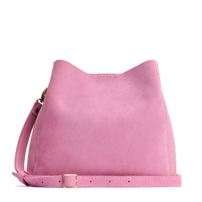 Pink Suede | symmetrical bucket bag with latch closure and removable crossbody strap