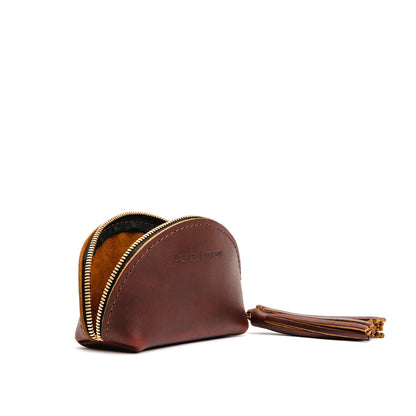 Cognac | Small leather zippered pouch with tassel