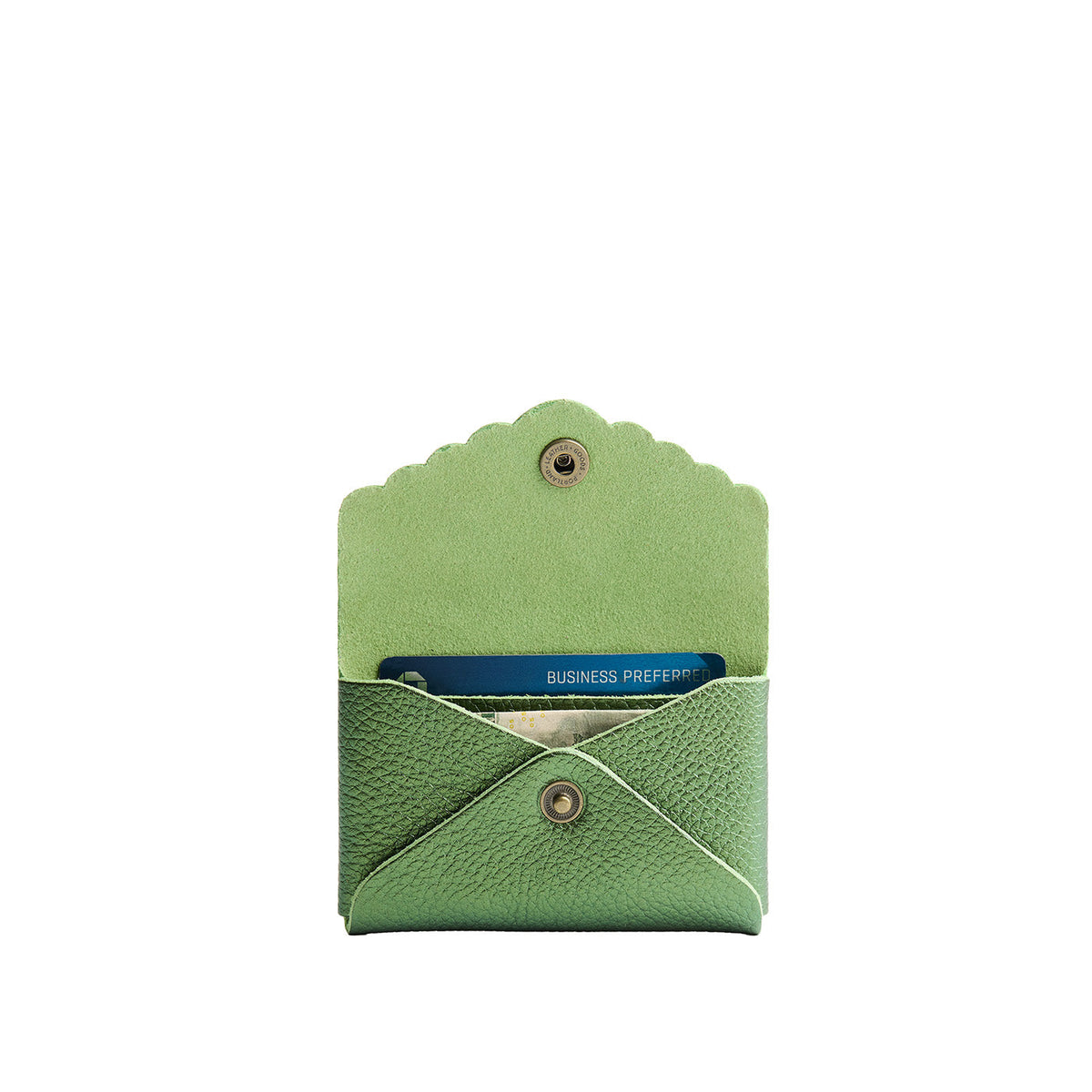 Metallic Greench | Leather card wallet with scalloped edge open