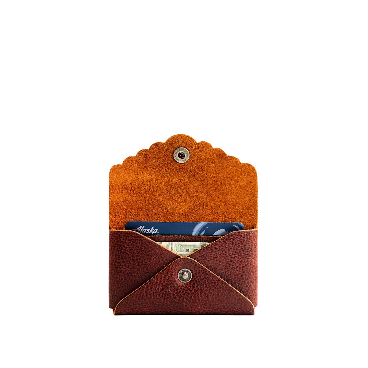Nutmeg | Leather card wallet with scalloped edge open