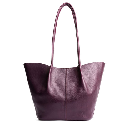 Plum*Large | Wide bucket shaped tote bag with matching leather handles