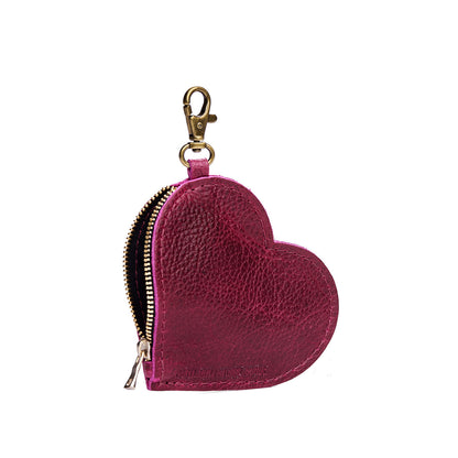 Orchid | Heart-shaped leather pouch keychain with zipper top and lobster clasp