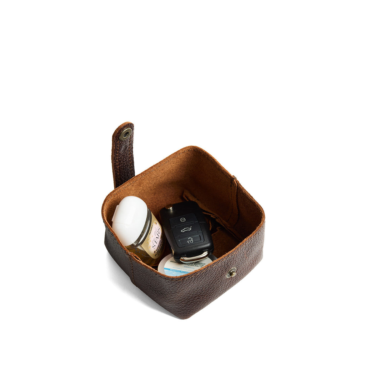 Coldbrew | Foldable square leather pouch with snap closure open