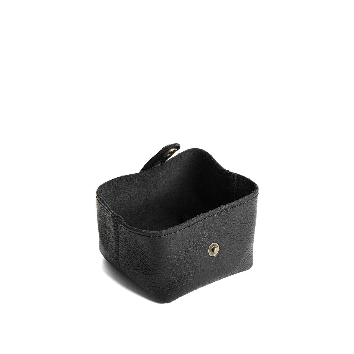 Pebbled--black | Foldable square leather pouch with snap closure open