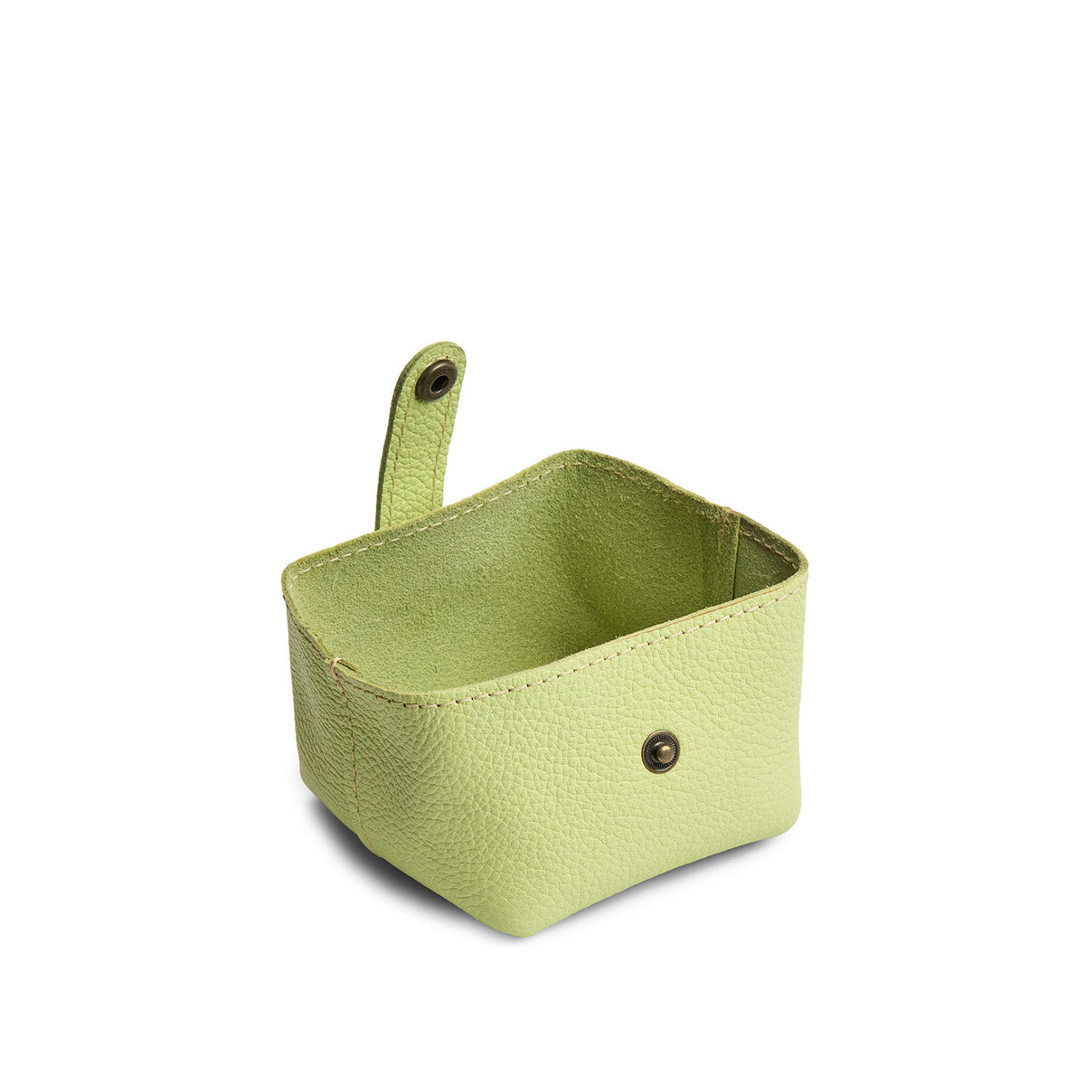 Shadow Lime | Foldable square leather pouch with snap closure open