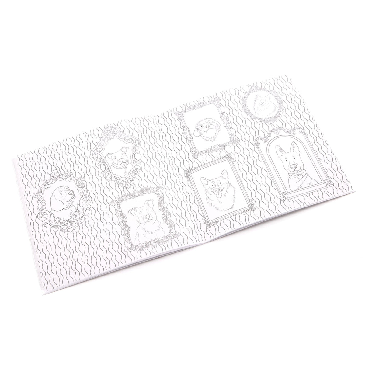 Coloring book pages with dog-themed designs on a white background.