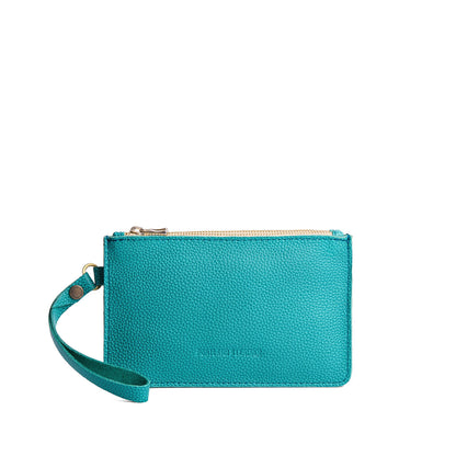 Seafoam | Leather wristlet with two zippered pockets and removable wrist strap