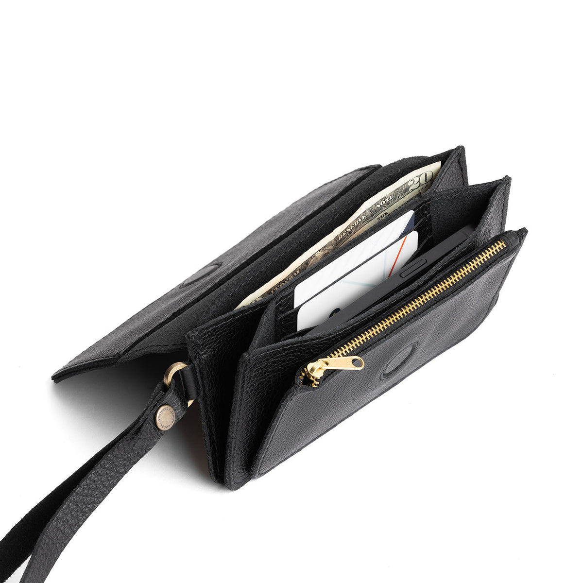 Pebbled--black | Leather wallet clutch with wristlet and magnetic closure