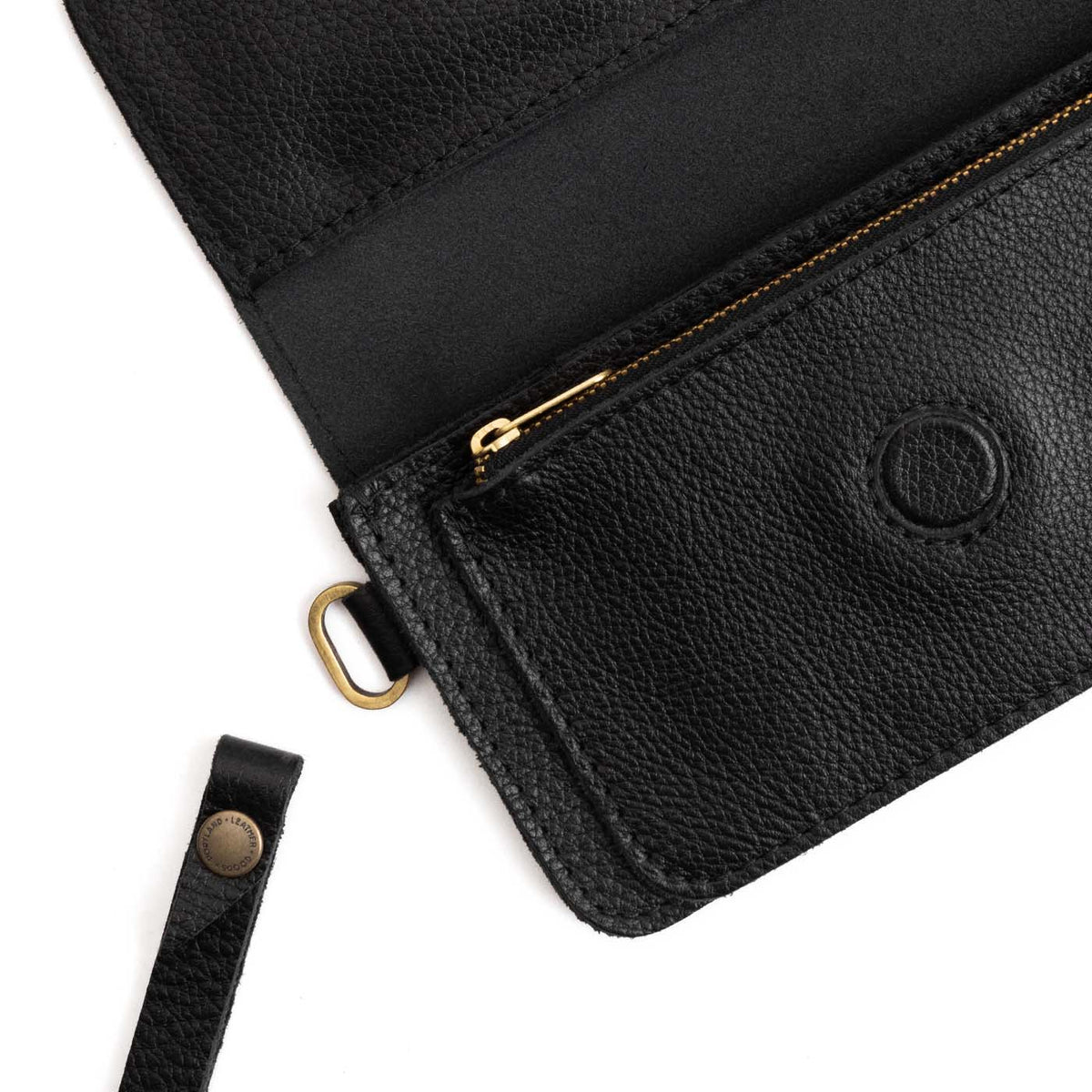 Pebbled--black | Leather wallet clutch with wristlet and magnetic closure