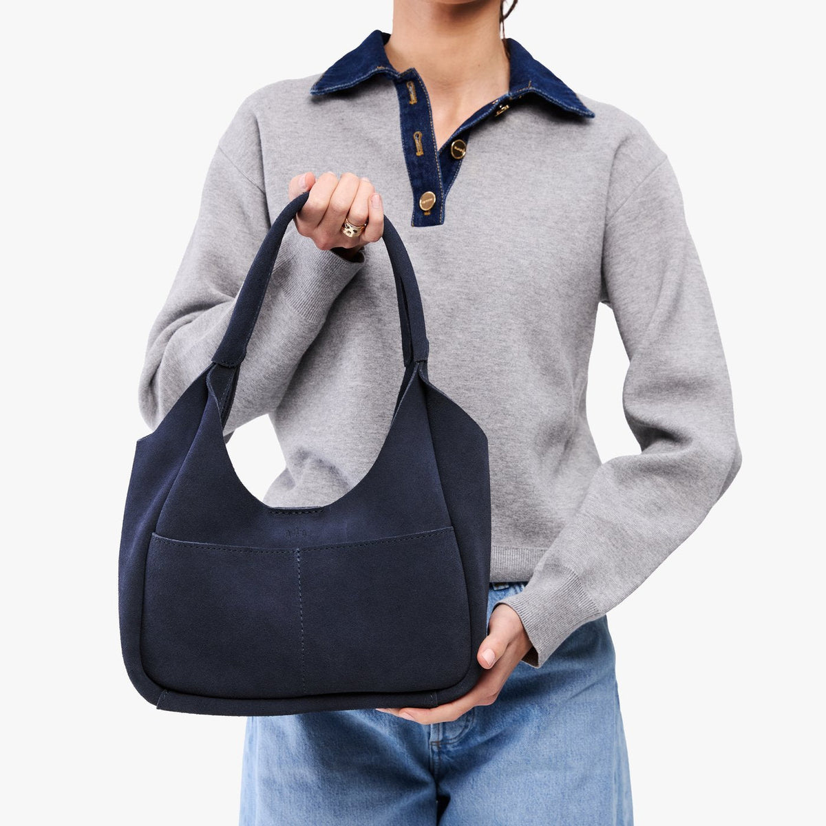 Alaska Blue*Medium | U-shaped, flat-bottomed leather shoulder bag with two outside pockets