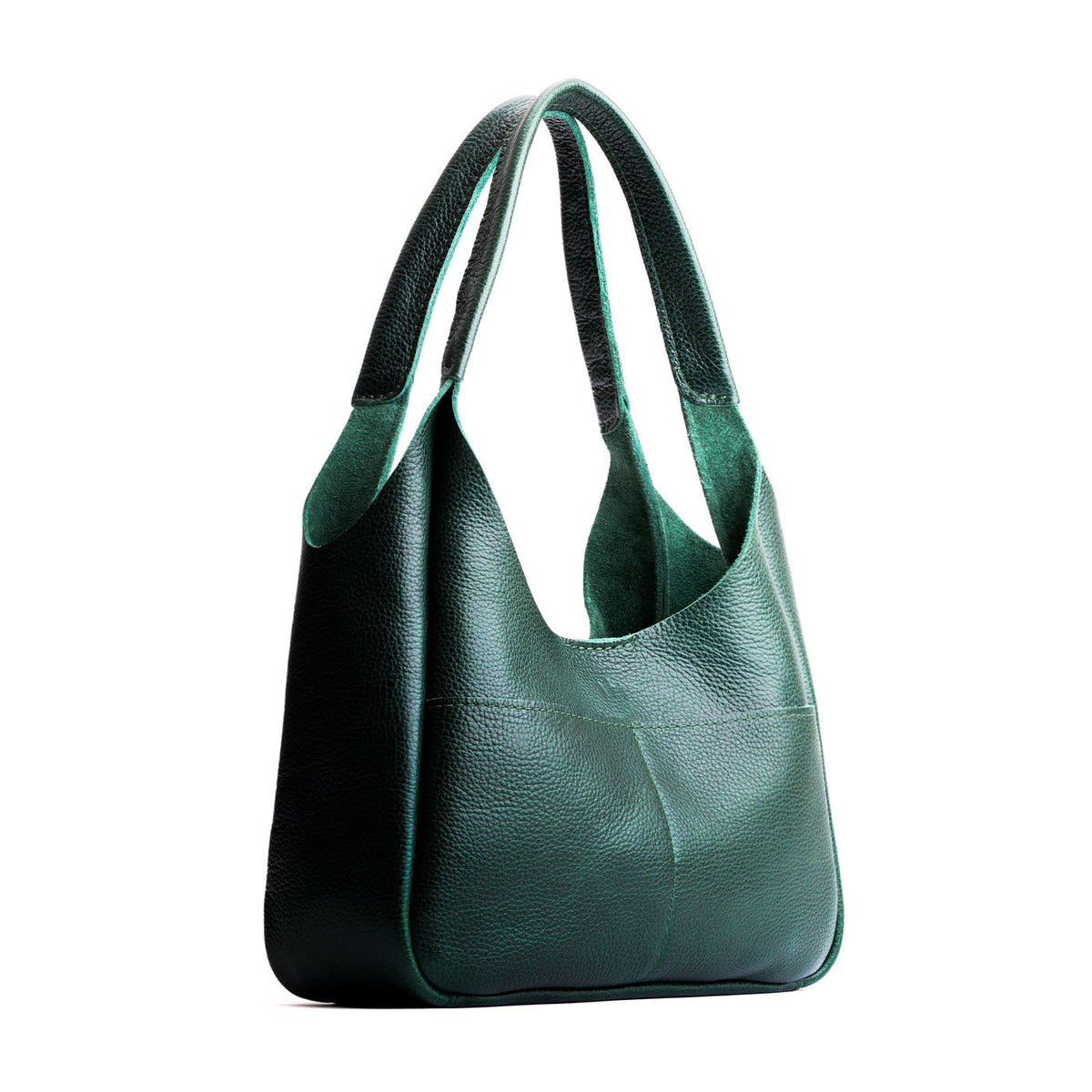 Forest Green*Medium | U-shaped, flat-bottomed leather shoulder bag with two outside pockets