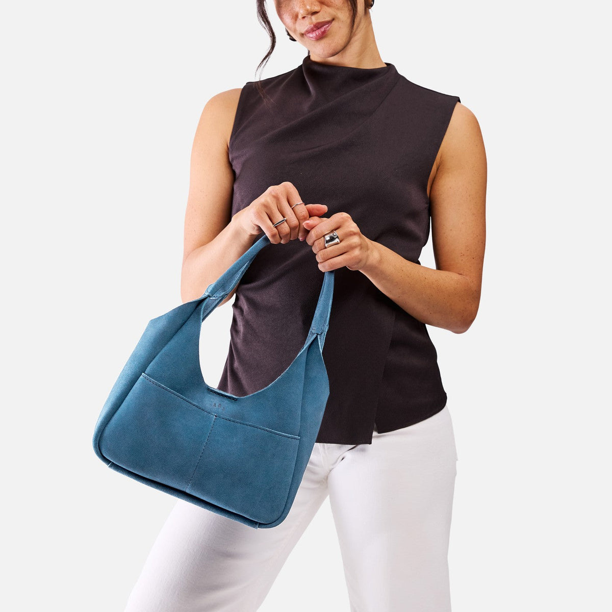 Mariner Blue*Medium | U-shaped, flat-bottomed leather shoulder bag with two outside pockets