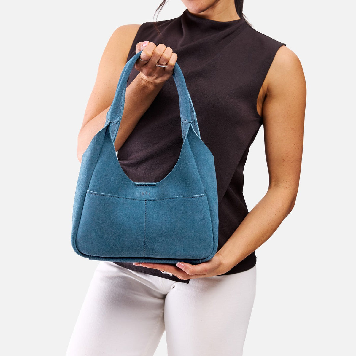 Mariner Blue*Medium | U-shaped, flat-bottomed leather shoulder bag with two outside pockets