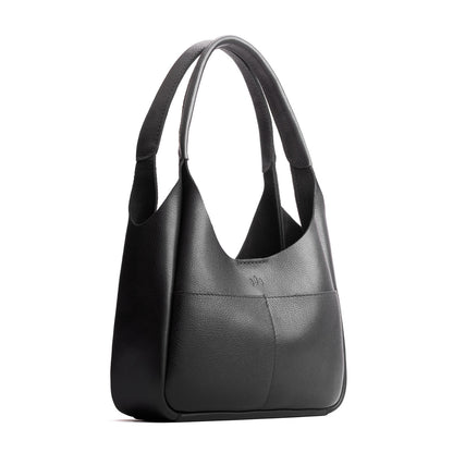 Pebbled--Black*Medium | U-shaped, flat-bottomed leather shoulder bag with two outside pockets