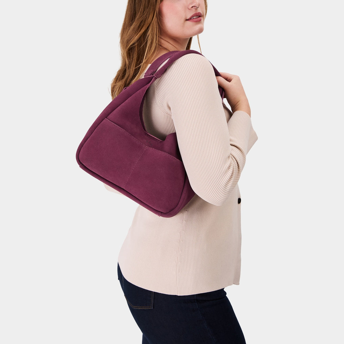 Superbloom*Medium | U-shaped, flat-bottomed leather shoulder bag with two outside pockets