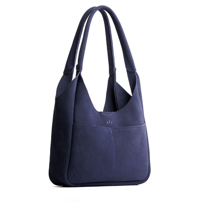 Alaska Blue*Large | U-shaped, flat-bottomed leather shoulder bag with two outside pockets