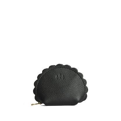 Pebbled--black*Small | Curved leather pouch with zipper and scalloped edges