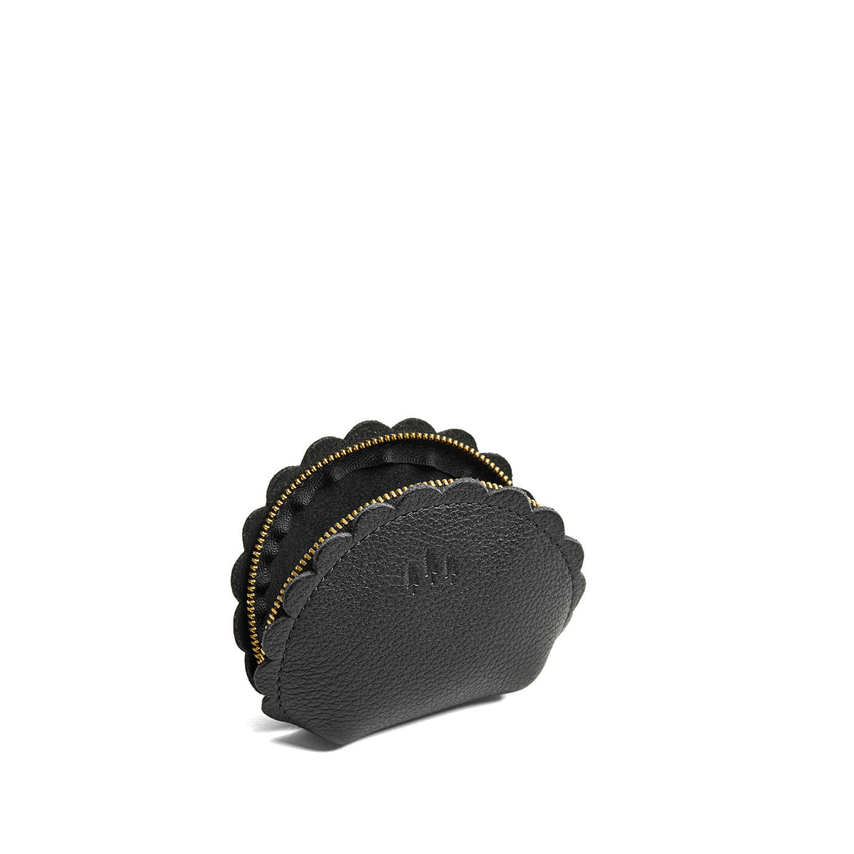 Pebbled--black*Small | Curved leather pouch with zipper and scalloped edges