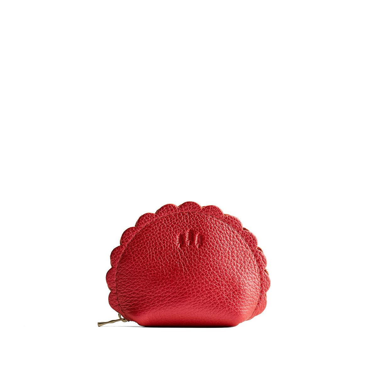 Reba Red*Small | Curved leather pouch with zipper and scalloped edges