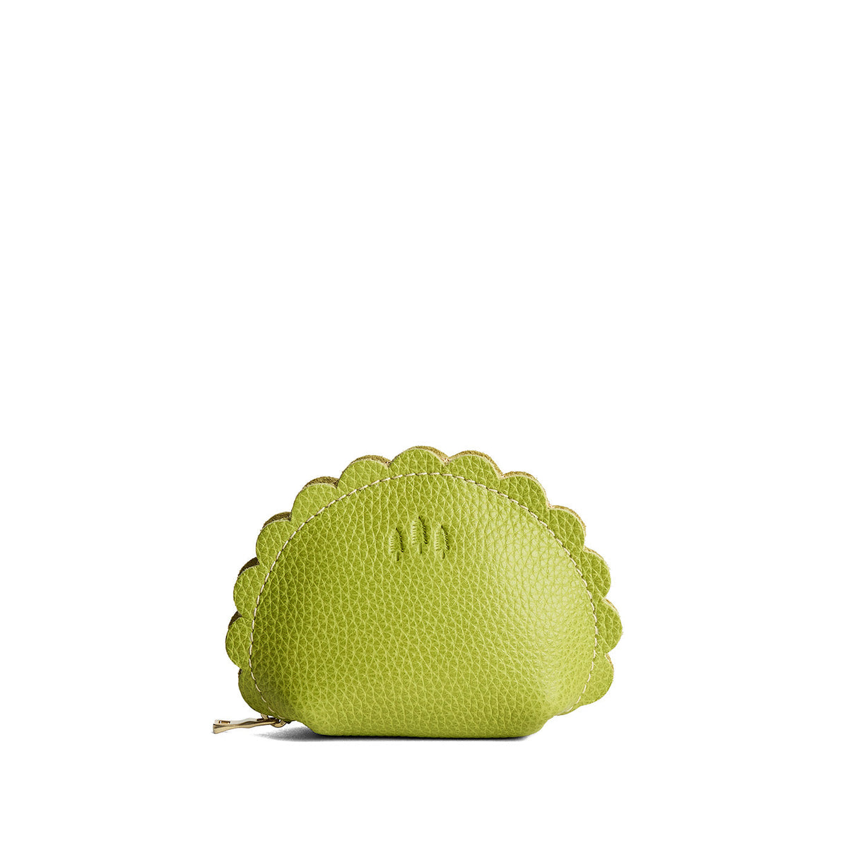Wasabi*Small | Curved leather pouch with zipper and scalloped edges