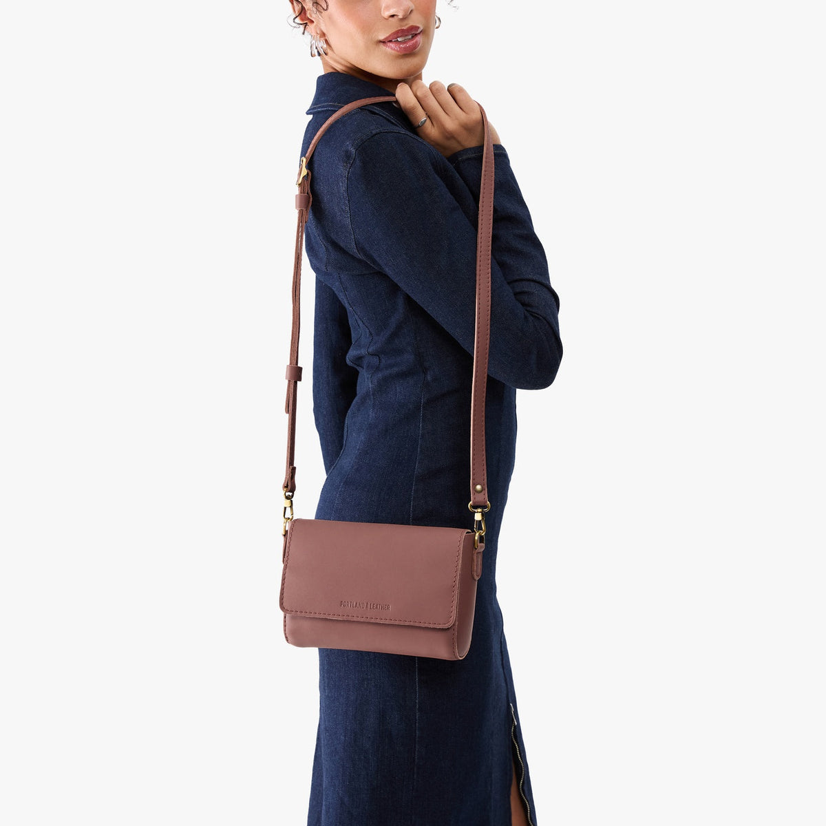 Sunkissed*Mini | Model Wearing Small Leather Crossbody Bag with Magnetic Messenger Bag Closure