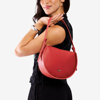 Ruby | Model wearing a rounded structured shoulder bag