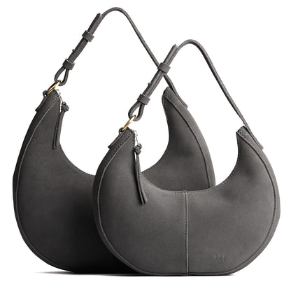 Smoke Grey | Crescent shaped shoulder bag with zipper closure and adjustable strap
