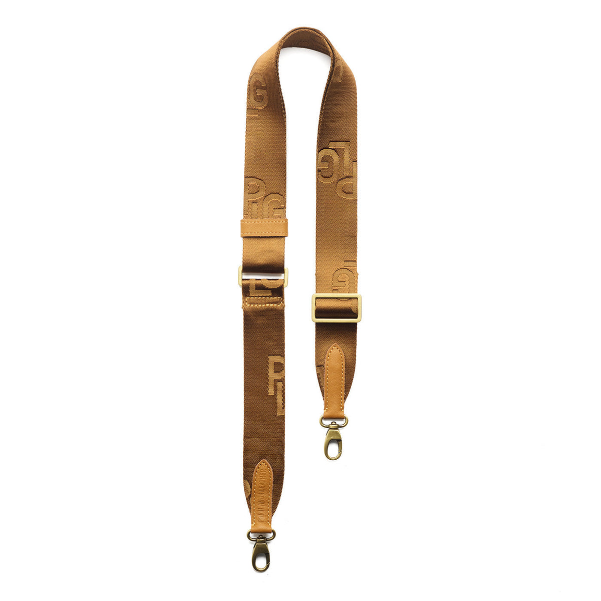 Maple | Yellow strap with repeating PLG letter pattern and brass-toned hardware