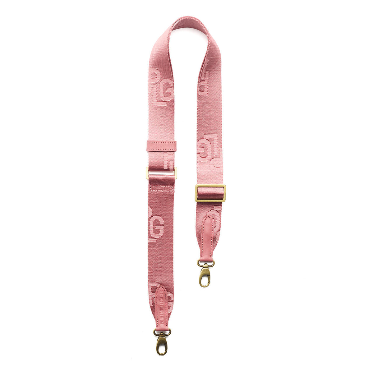 Petal Glow | Pink strap with repeating PLG letter pattern and brass-toned hardware