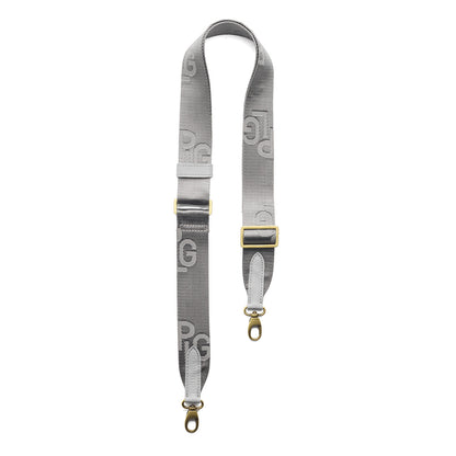 Stone Mist | Grey strap with repeating PLG letter pattern and brass-toned hardware