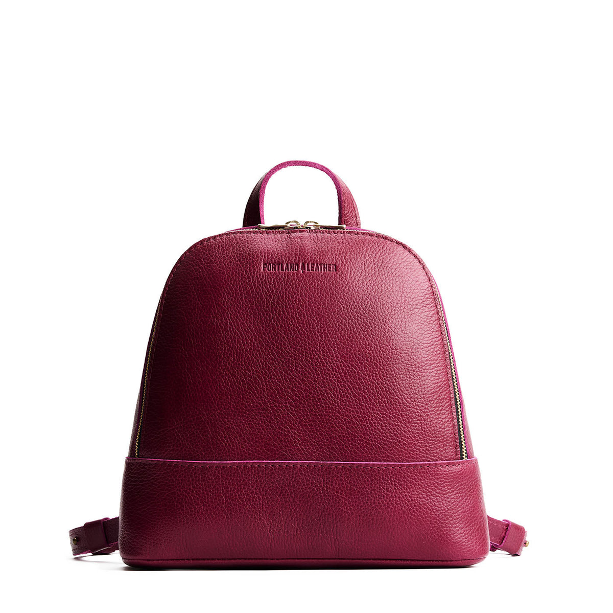 Orchid | Leather backpack with debossed Portland Leather logo on front, with zipper closure and straps with lobster clasps