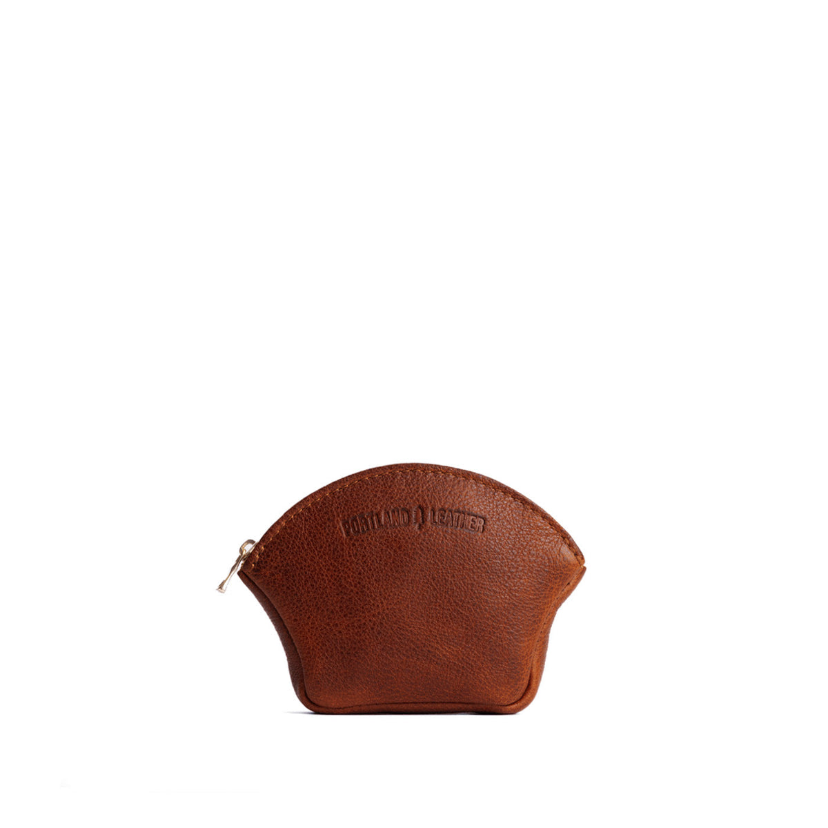 Nutmeg*Small | Seashell shaped leather makeup bag with curved top zipper and flat bottom