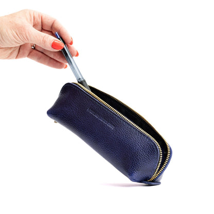 Cobalt | Leather pouch with curved seams and top zipper