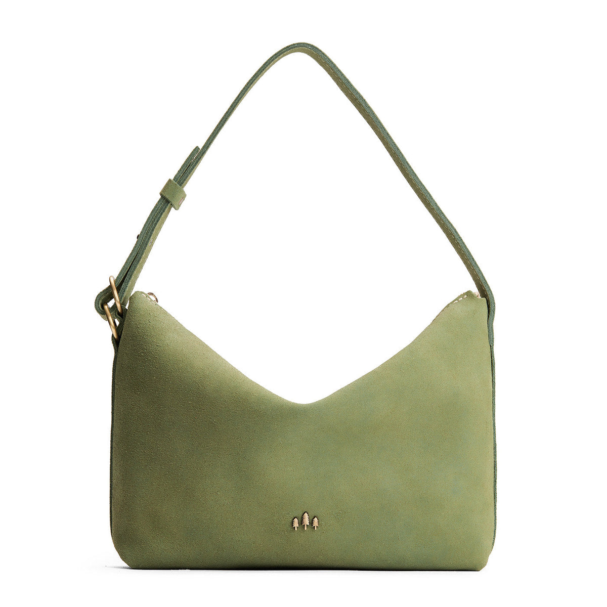 Laurel*Large | Slouchy Shoulder Bag that has a zipper opening and three metal tree emblems on a white background