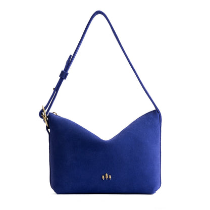 Joni Blue*Small | Petite slouchy leather shoulder bag with zipper opening and three metal tree emblems