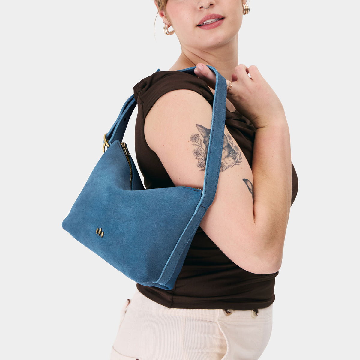 Mariner Blue*Small | Petite slouchy leather shoulder bag with zipper opening and three metal tree emblems