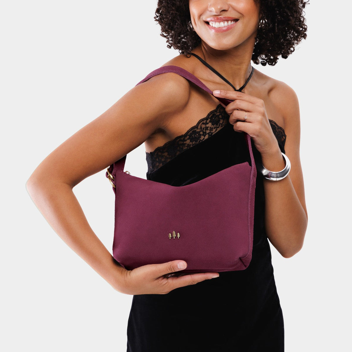 Superbloom*Small | Petite slouchy leather shoulder bag with zipper opening and three metal tree emblems