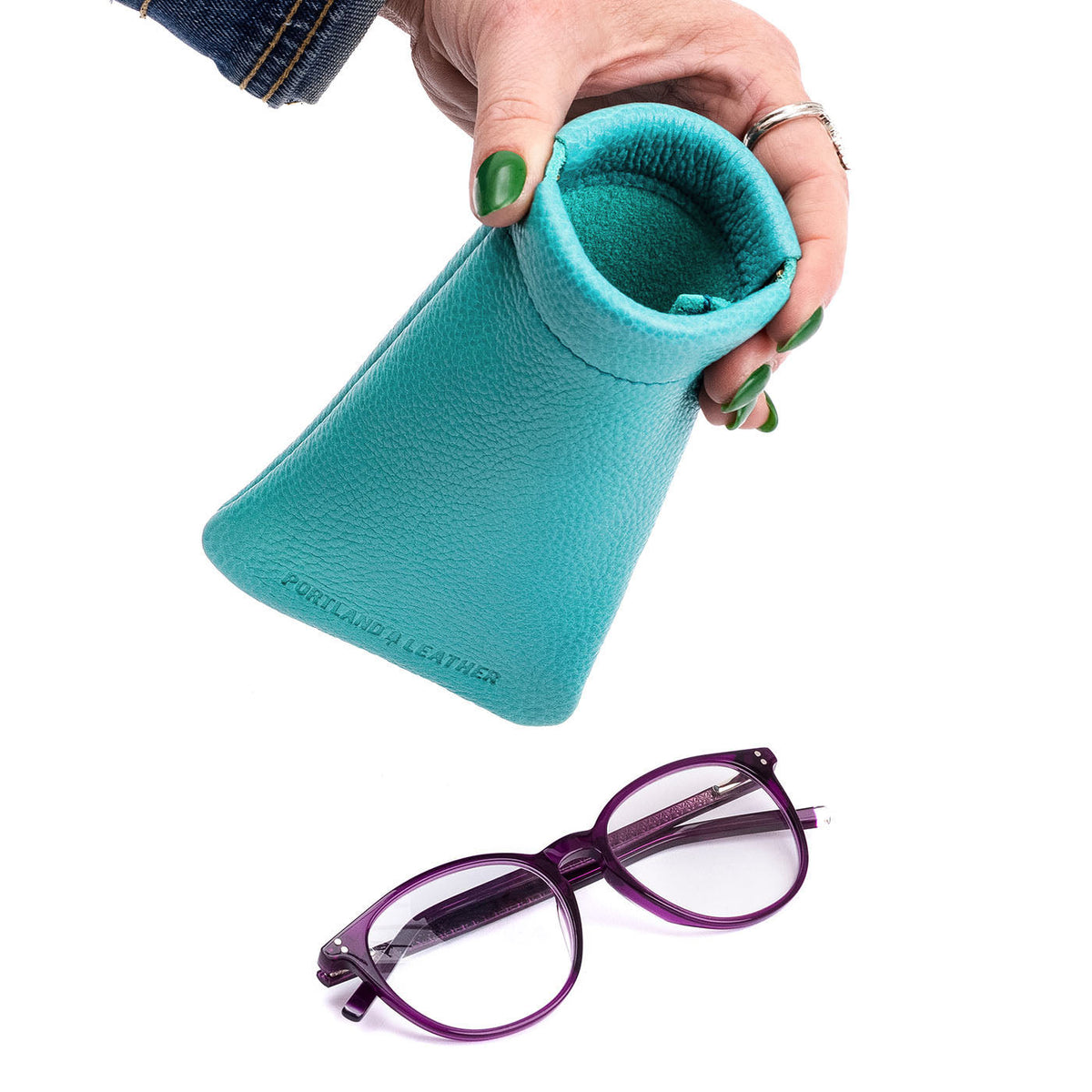 Seafoam | Leather glasses case with hidden metal spring closure